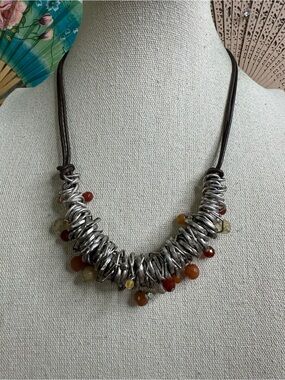 J. Jill Silver Coil Necklace with Brown Cord and Multi-Color Beads 18”